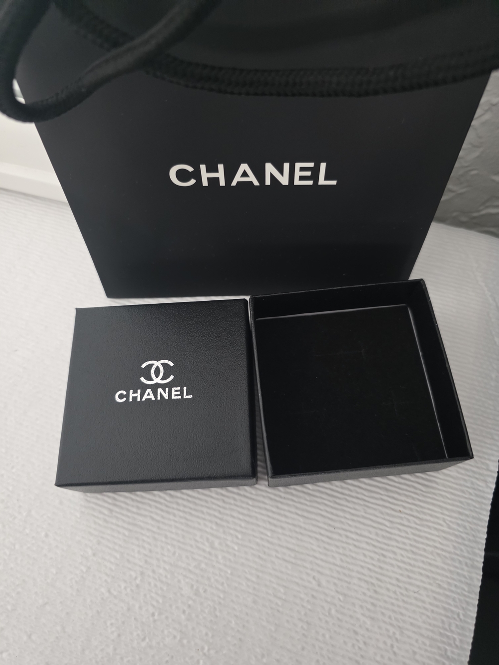 CHANEL Black Jewelry Box with White Logo And Gift Bag